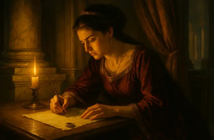 Prenses Honoria’nın mum ışığında gizlice mektup yazdığı ve yanında yüzüğün durduğu sahne.